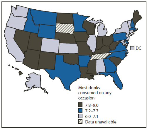 The figure shows the intensity of binge drinking among adults in the United States during 2010, as determined from the Behavioral Risk Factor Surveillance System combined landline and cellular telephone developmental dataset. States with the highest intensity of adult binge drinking generally were located in the southern Mountain states and Midwest, and included some states (e.g., Louisiana, Mississippi, New Mexico, South Carolina, and Utah) that had a lower prevalence of binge drinking.